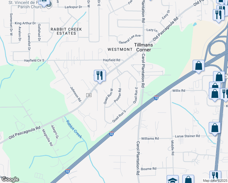 map of restaurants, bars, coffee shops, grocery stores, and more near 5505 Quail Run West in Theodore