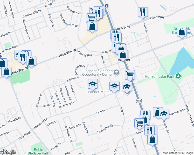 map of restaurants, bars, coffee shops, grocery stores, and more near 202 Fossil Trail in Leander
