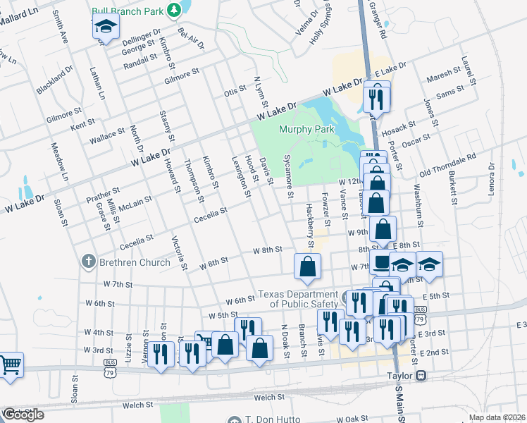 map of restaurants, bars, coffee shops, grocery stores, and more near 708 West 11th Street in Taylor