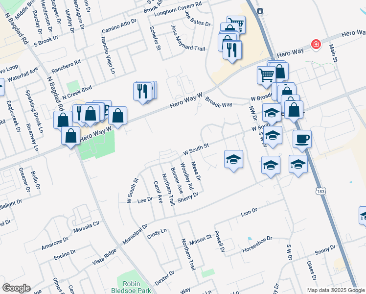 map of restaurants, bars, coffee shops, grocery stores, and more near 603 West South Street in Leander