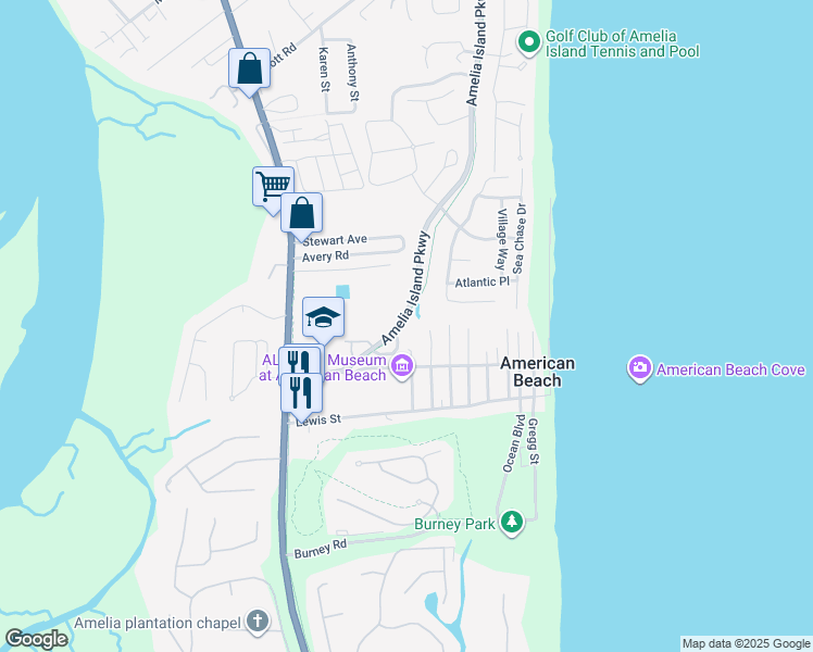map of restaurants, bars, coffee shops, grocery stores, and more near 95141 Amalfi Drive in Fernandina Beach