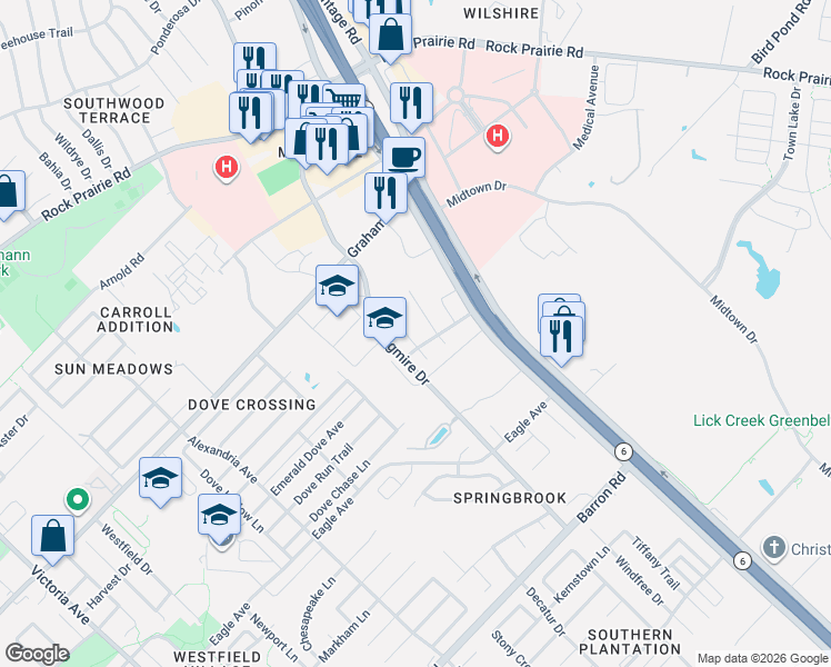 map of restaurants, bars, coffee shops, grocery stores, and more near 3717 Bridle Court in College Station