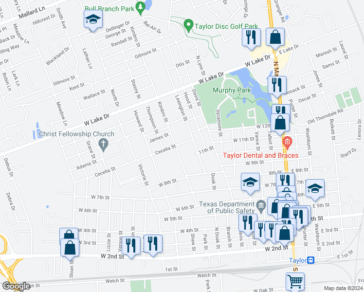 map of restaurants, bars, coffee shops, grocery stores, and more near 811 Cecelia Street in Taylor