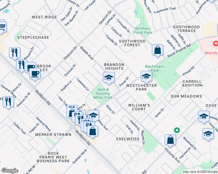 map of restaurants, bars, coffee shops, grocery stores, and more near 3400 Welsh Avenue in College Station