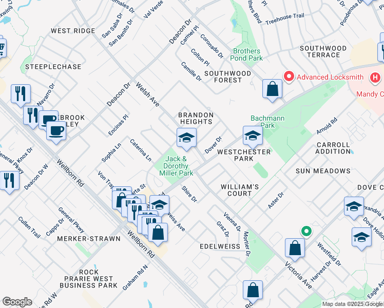 map of restaurants, bars, coffee shops, grocery stores, and more near 3400 Welsh Avenue in College Station