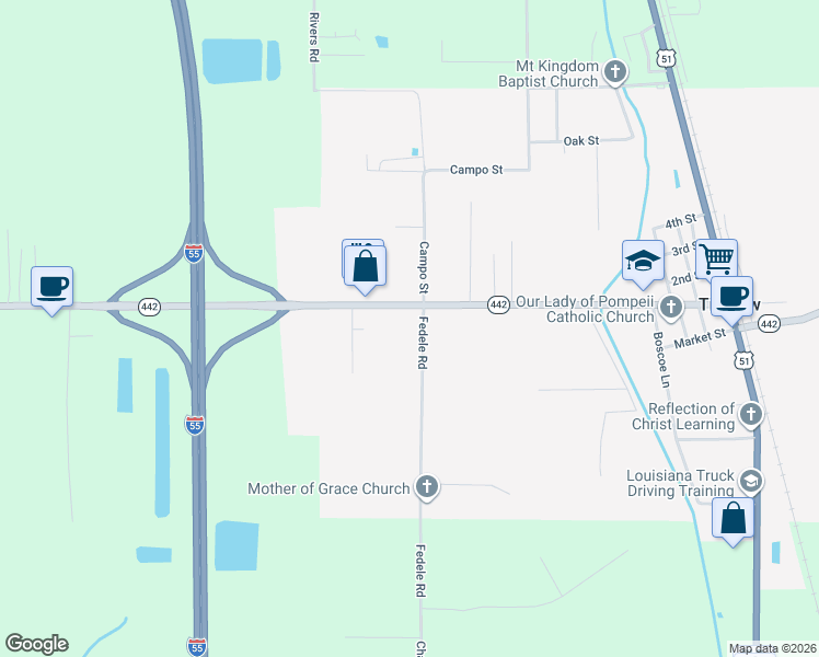map of restaurants, bars, coffee shops, grocery stores, and more near 14086 Louisiana 442 in Tickfaw