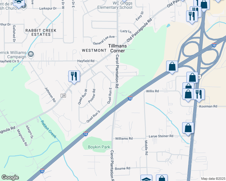 map of restaurants, bars, coffee shops, grocery stores, and more near 5503 Quail Run East in Theodore