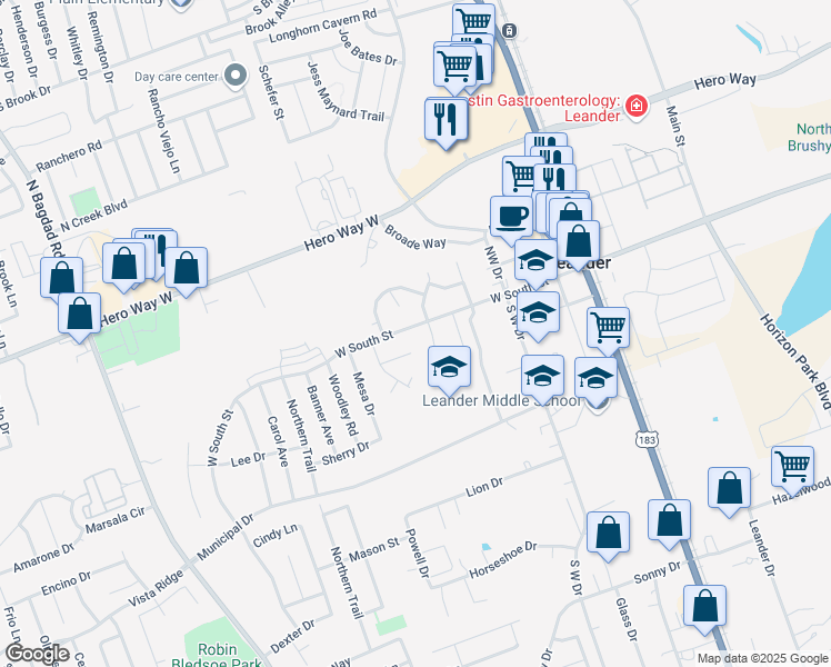 map of restaurants, bars, coffee shops, grocery stores, and more near 504 West South Street in Leander
