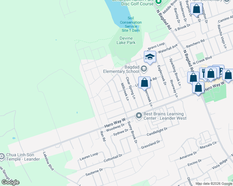 map of restaurants, bars, coffee shops, grocery stores, and more near 615 Sunny Brook Drive in Leander