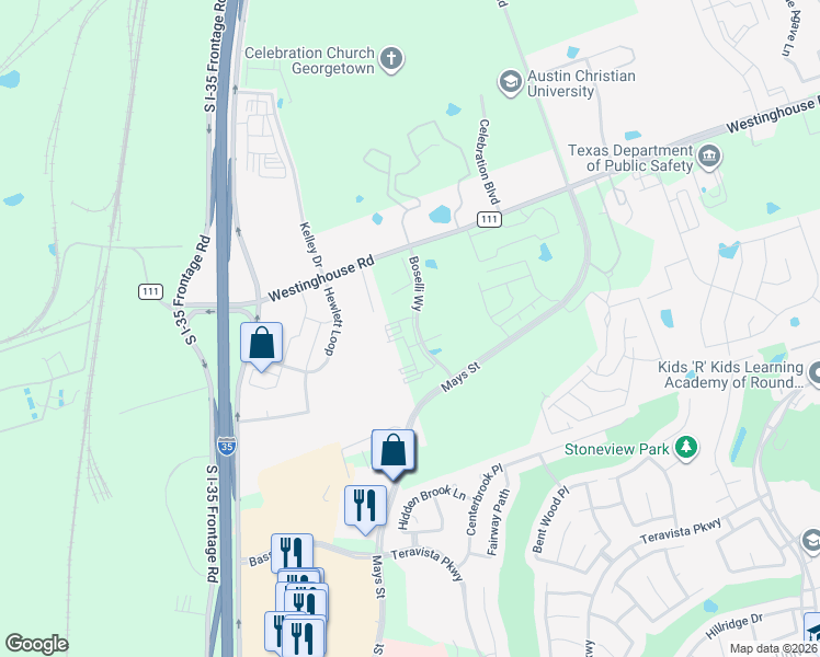 map of restaurants, bars, coffee shops, grocery stores, and more near 7700 Hewlett Loop in Georgetown