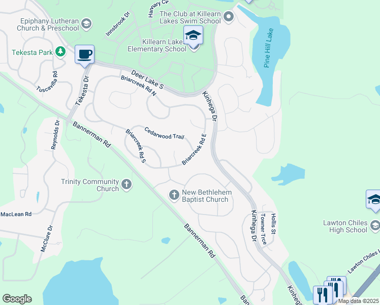 map of restaurants, bars, coffee shops, grocery stores, and more near 8037 Briarcreek Road East in Tallahassee