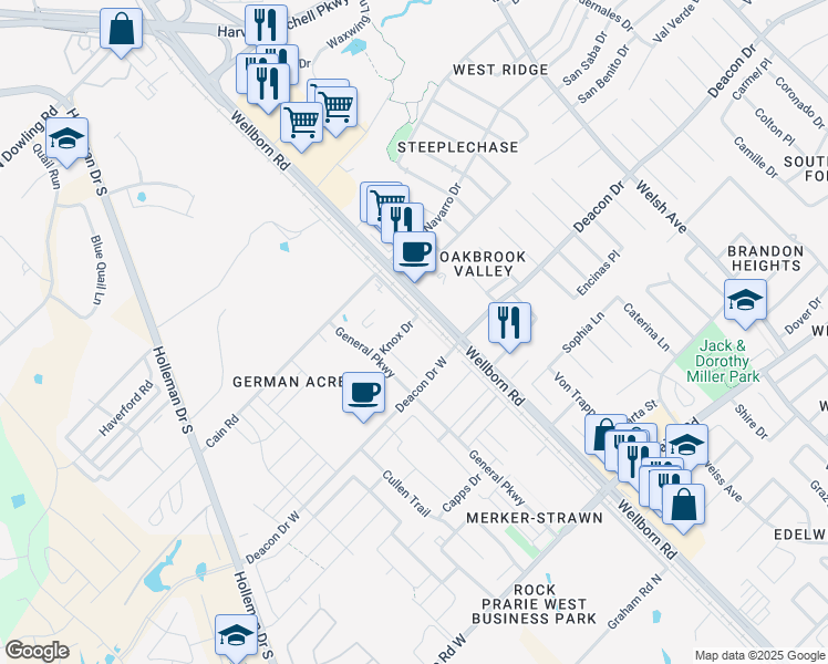 map of restaurants, bars, coffee shops, grocery stores, and more near 111 Knox Drive in College Station