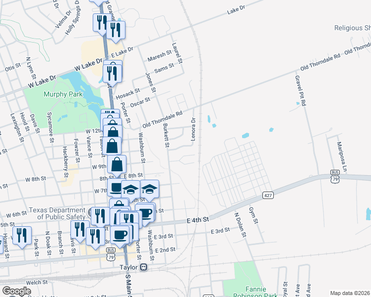 map of restaurants, bars, coffee shops, grocery stores, and more near 412 Lenora Drive in Taylor