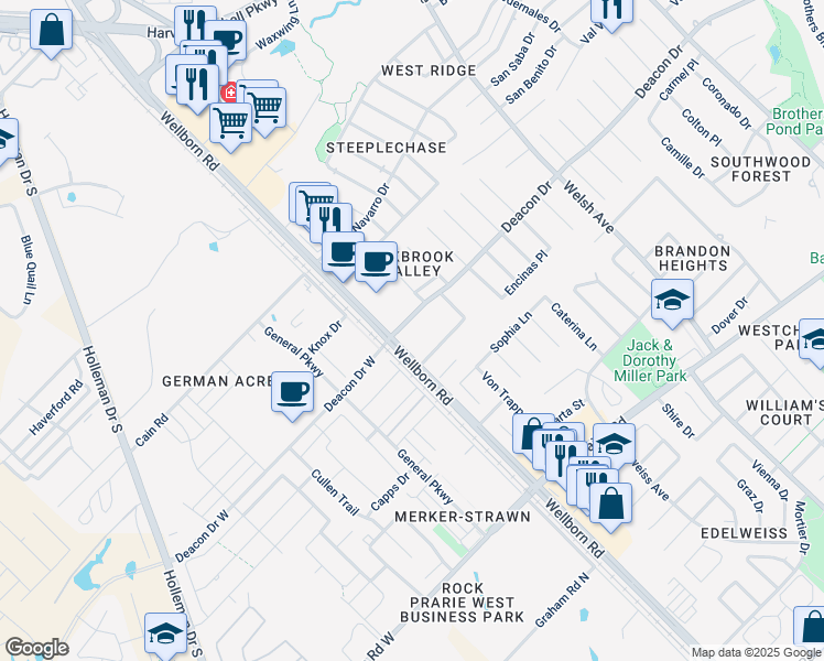 map of restaurants, bars, coffee shops, grocery stores, and more near 203 Fraternity Row in College Station