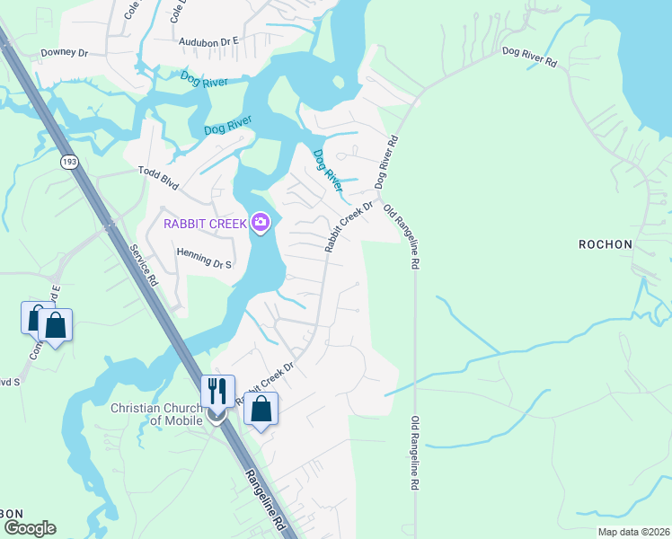 map of restaurants, bars, coffee shops, grocery stores, and more near 5484 Rabbit Creek Drive in Theodore