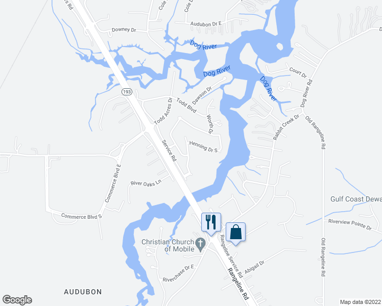 map of restaurants, bars, coffee shops, grocery stores, and more near 5419 River Landing Drive in Mobile