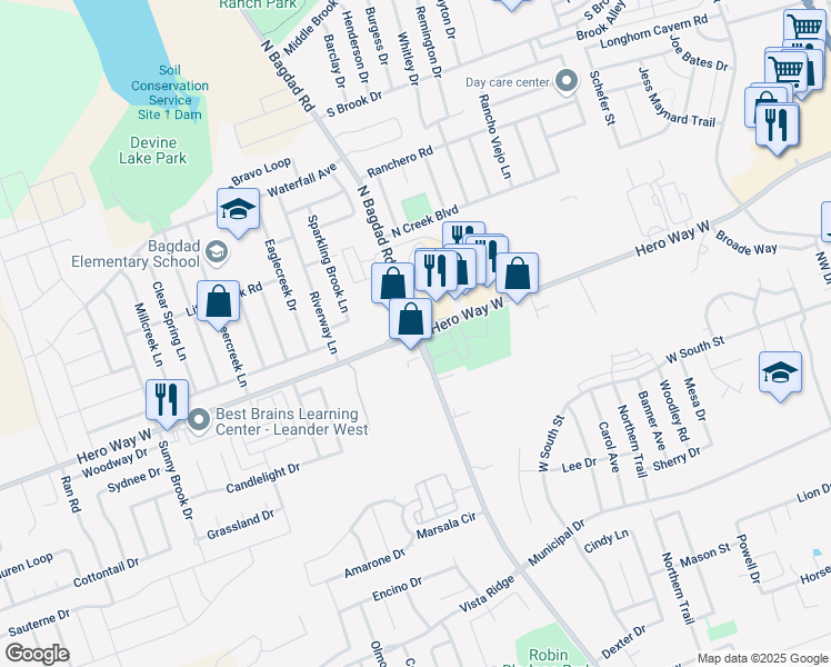 map of restaurants, bars, coffee shops, grocery stores, and more near 665 South Bagdad Road in Leander