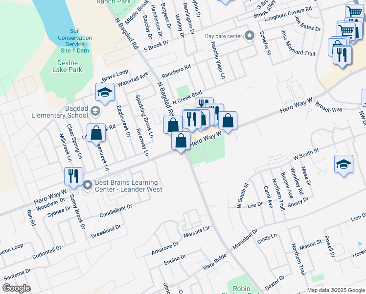 map of restaurants, bars, coffee shops, grocery stores, and more near 661 North Bagdad Road in Leander