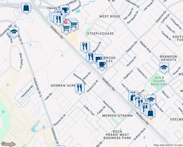 map of restaurants, bars, coffee shops, grocery stores, and more near 103 Knox Drive in College Station