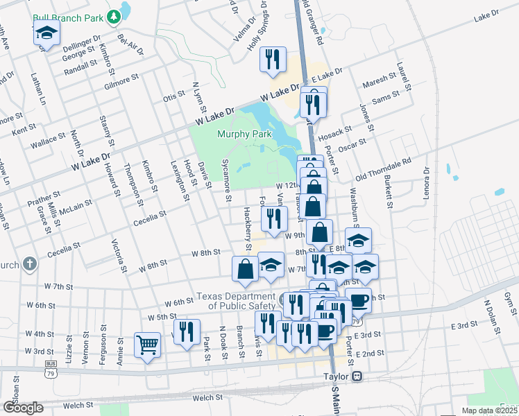 map of restaurants, bars, coffee shops, grocery stores, and more near 1019 Fowzer Street in Taylor
