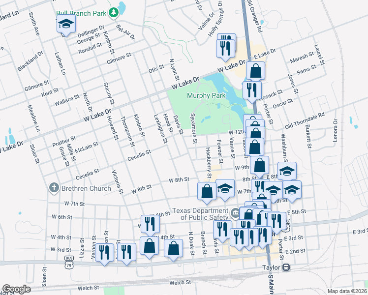 map of restaurants, bars, coffee shops, grocery stores, and more near 708 West 11th Street in Taylor