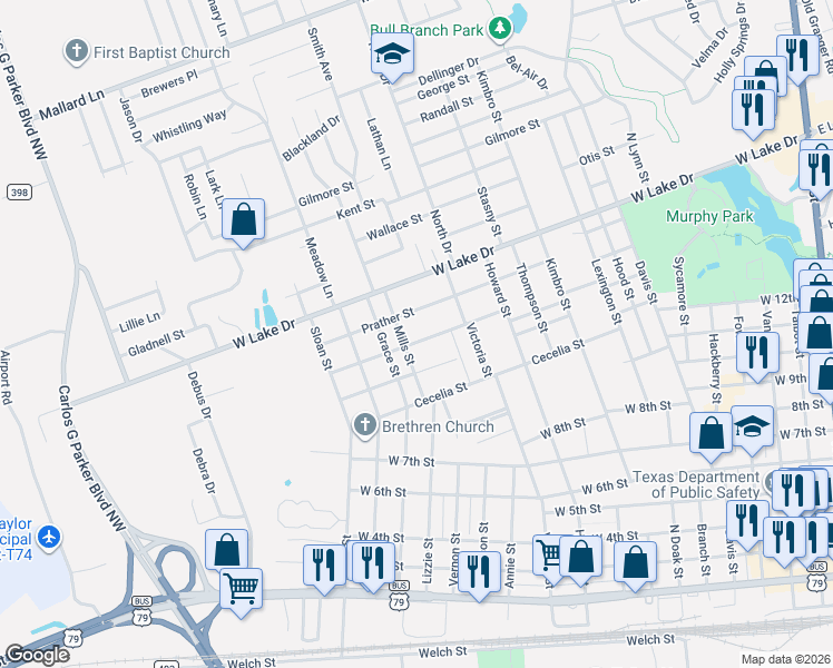 map of restaurants, bars, coffee shops, grocery stores, and more near 1517 McLain Street in Taylor