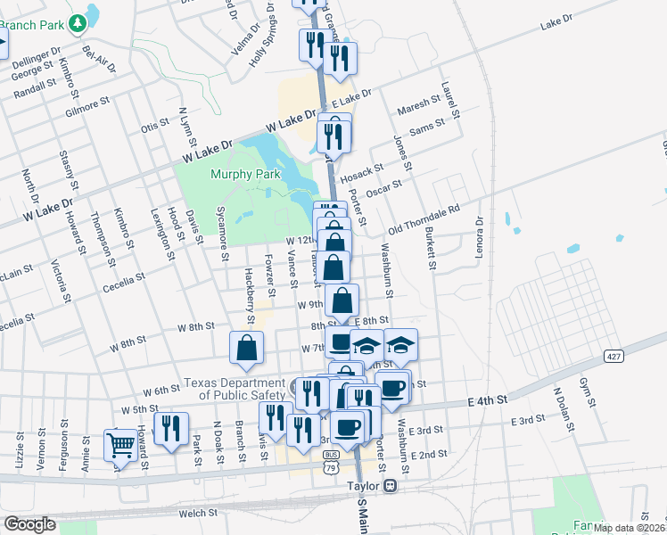 map of restaurants, bars, coffee shops, grocery stores, and more near 1011 North Main Street in Taylor