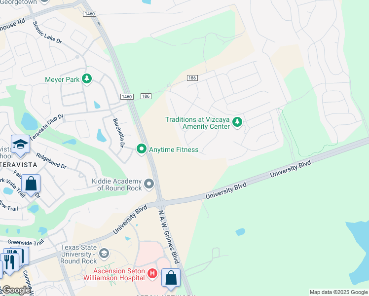 map of restaurants, bars, coffee shops, grocery stores, and more near 2504 Capestrano Circle in Round Rock