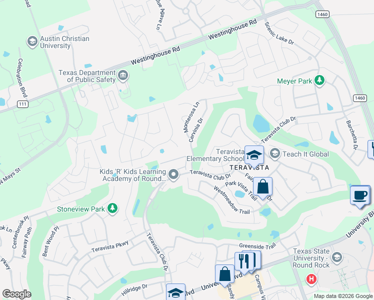 map of restaurants, bars, coffee shops, grocery stores, and more near 4500 Cervinia Drive in Round Rock