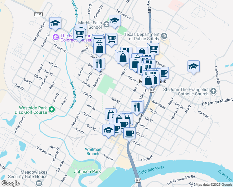 map of restaurants, bars, coffee shops, grocery stores, and more near 1200 7th Street in Marble Falls