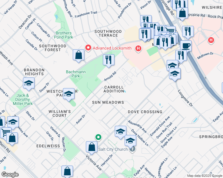 map of restaurants, bars, coffee shops, grocery stores, and more near 3516 Farah Drive in College Station