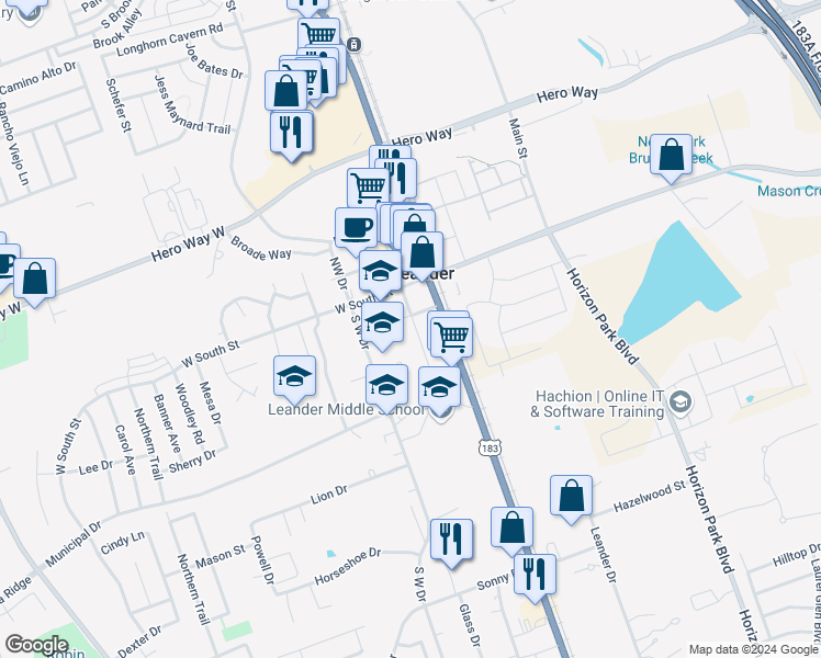 map of restaurants, bars, coffee shops, grocery stores, and more near 203 South Brushy Street in Leander