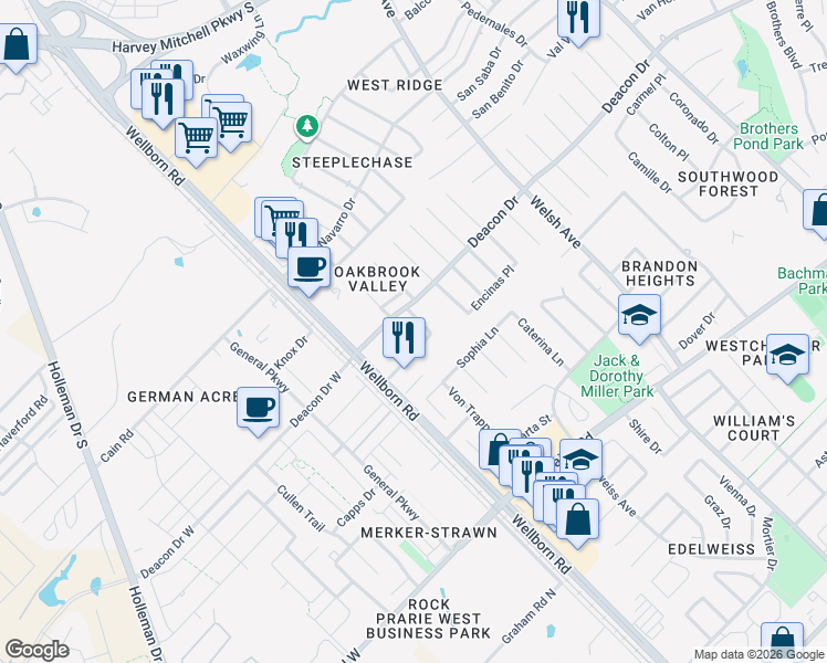 map of restaurants, bars, coffee shops, grocery stores, and more near 550 Fraternity Row in College Station