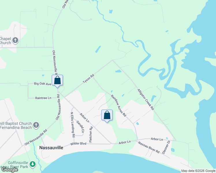 map of restaurants, bars, coffee shops, grocery stores, and more near 95584 Rainbow Acres Road in Fernandina Beach