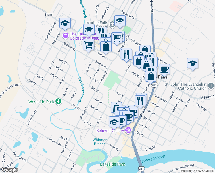 map of restaurants, bars, coffee shops, grocery stores, and more near 1310 Broadway in Marble Falls