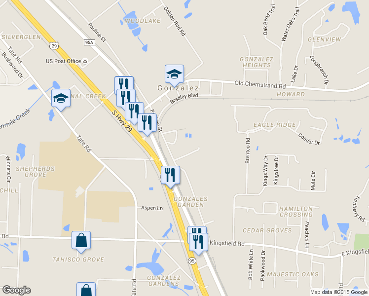 map of restaurants, bars, coffee shops, grocery stores, and more near 792 Rusty Lane in Gonzalez