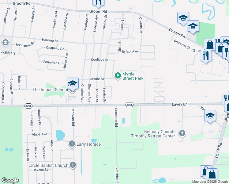 map of restaurants, bars, coffee shops, grocery stores, and more near 310 Celeste Drive in Baker