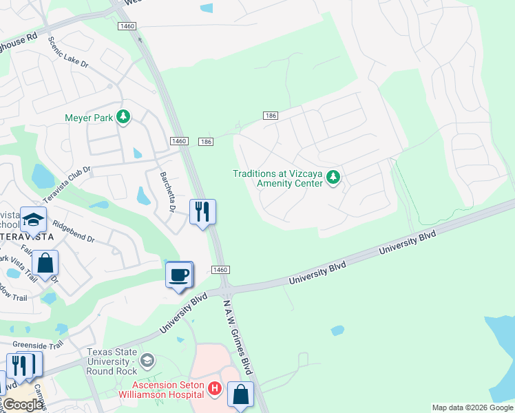map of restaurants, bars, coffee shops, grocery stores, and more near 2504 Capestrano Circle in Round Rock