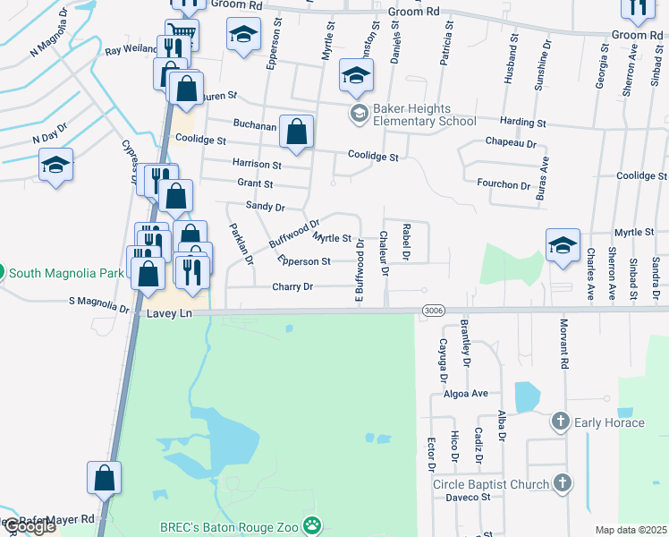 map of restaurants, bars, coffee shops, grocery stores, and more near 3802 Epperson Street in Baker
