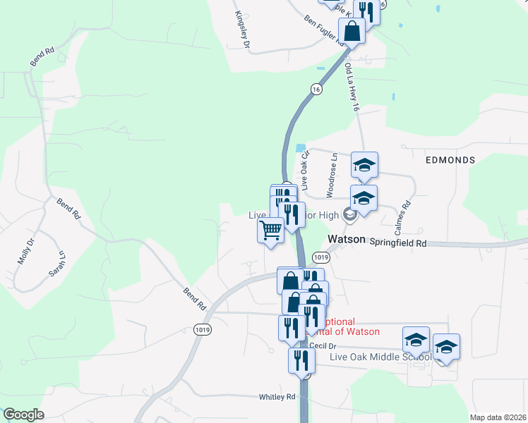 map of restaurants, bars, coffee shops, grocery stores, and more near 35135 Live Oak Village Road in Denham Springs
