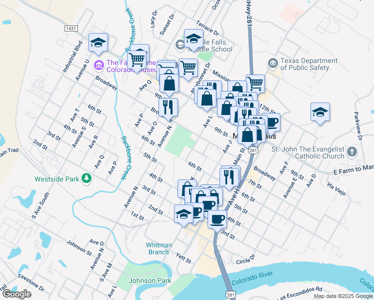 map of restaurants, bars, coffee shops, grocery stores, and more near 1200 7th Street in Marble Falls