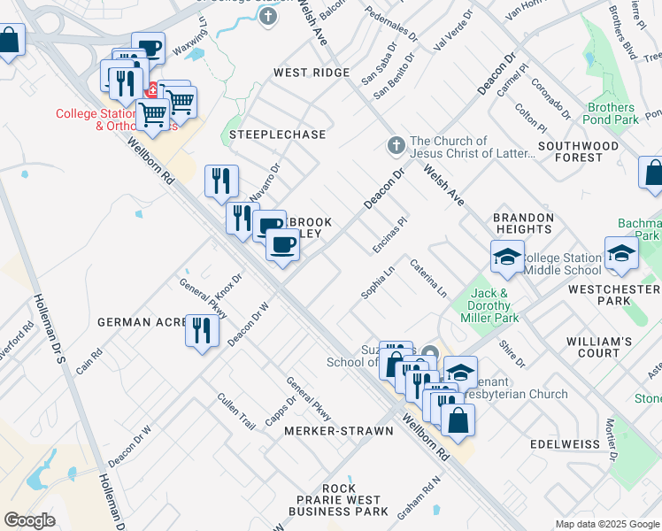 map of restaurants, bars, coffee shops, grocery stores, and more near 550 Fraternity Row in College Station