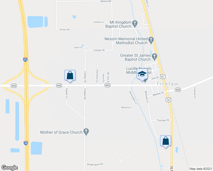 map of restaurants, bars, coffee shops, grocery stores, and more near 14233 Louisiana 442 in Tickfaw