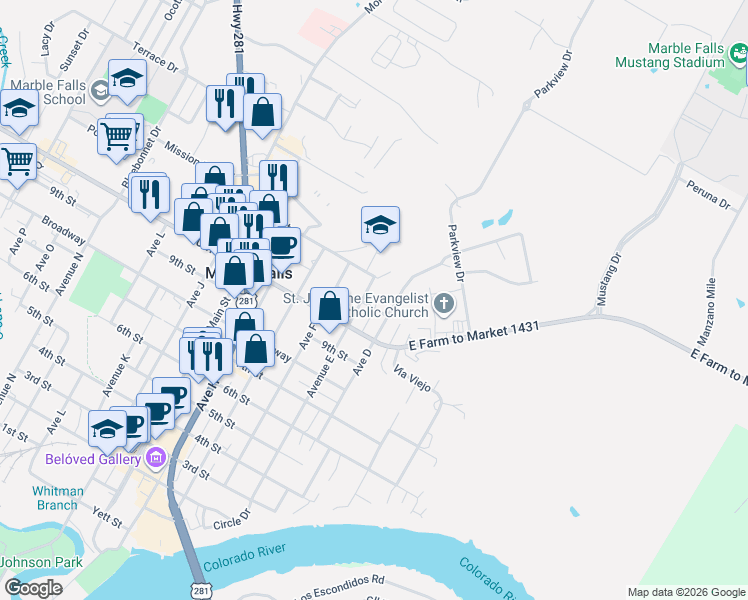 map of restaurants, bars, coffee shops, grocery stores, and more near 1101 Avenue East in Marble Falls