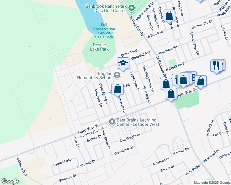 map of restaurants, bars, coffee shops, grocery stores, and more near 612 Deercreek Lane in Leander