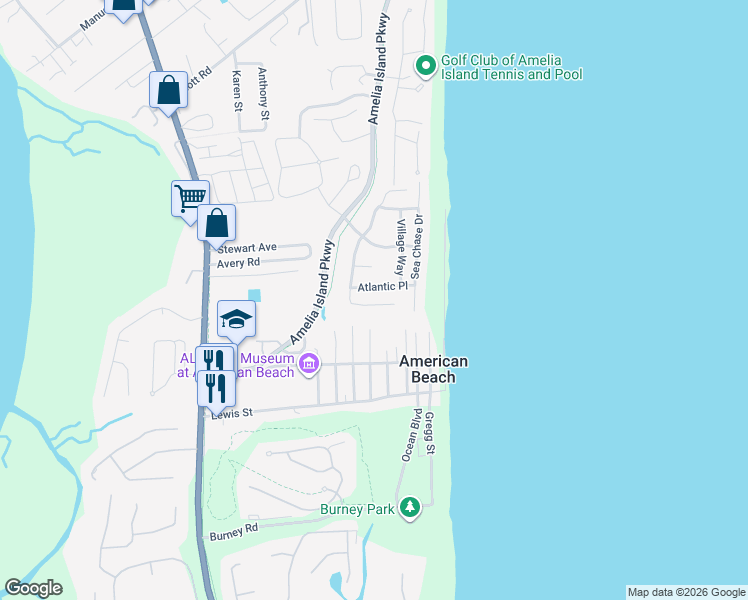 map of restaurants, bars, coffee shops, grocery stores, and more near 1824 Atlantic Place in Fernandina Beach