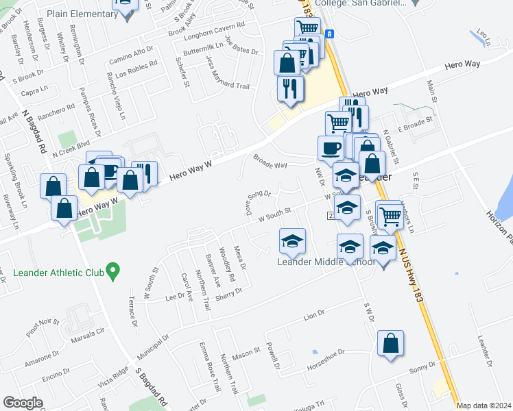 map of restaurants, bars, coffee shops, grocery stores, and more near 107 Oakland Cove in Leander