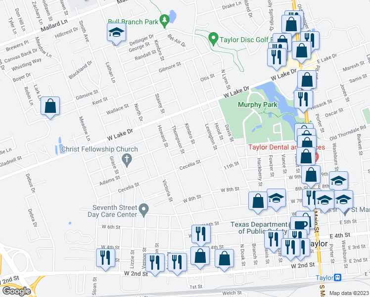 map of restaurants, bars, coffee shops, grocery stores, and more near 908 James Street in Taylor
