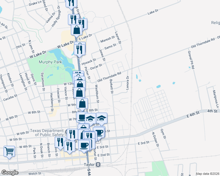 map of restaurants, bars, coffee shops, grocery stores, and more near 403 Sabrina Drive in Taylor