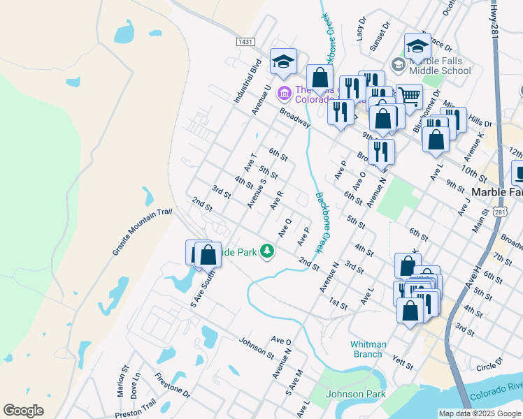 map of restaurants, bars, coffee shops, grocery stores, and more near 308 Avenue R in Marble Falls